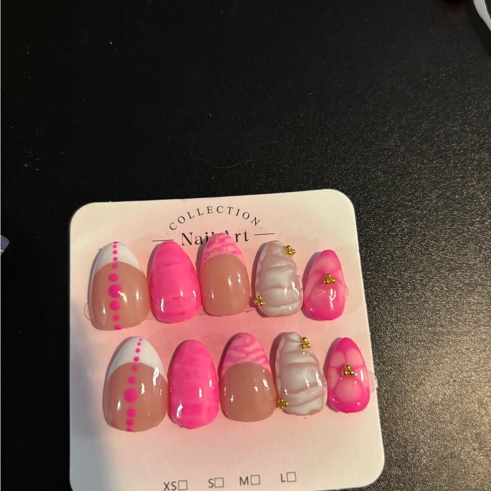 Pink and Nude Press-On Nail Set with Marble and Dot Accents